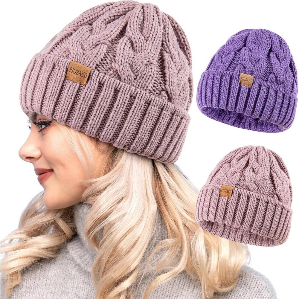 Women's Pink Purple 2 Packs Stylish Winter Warm Knitted Beanie Skull Hat Cap